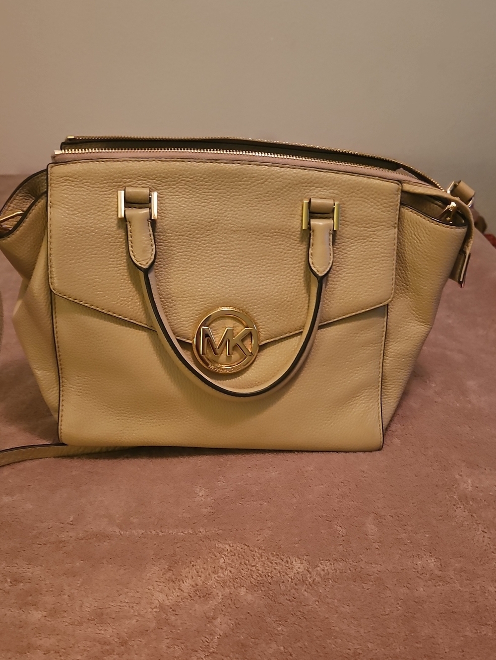 Michael Kors Light Tan Leather Satchel with Gold Logo